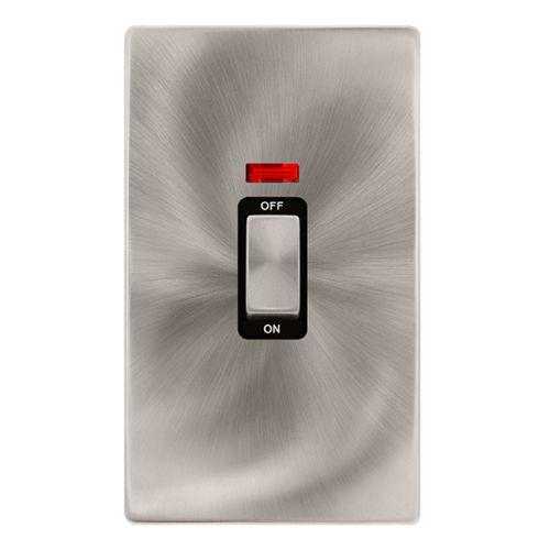 CLICK DEFINITY COMPLETE 50A INGOT 2 GANG DOUBLE POLE SWITCH WITH NEON - BRUSHED STEEL COVER PLATE - BLACK INSERT