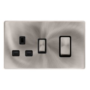 CLICK DEFINITY COMPLETE 50A INGOT DOUBLE POLE SWITCH WITH 13A DOUBLE POLE SWITCHED SOCKET -  BRUSHED STEEL COVER PLATE - BLACK INSERT