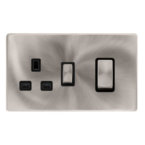CLICK DEFINITY COMPLETE 50A INGOT DOUBLE POLE SWITCH WITH 13A DOUBLE POLE SWITCHED SOCKET - BRUSHED STEEL COVER PLATE - BLACK INSERT