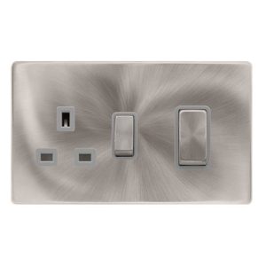 CLICK DEFINITY COMPLETE 50A INGOT DOUBLE POLE SWITCH WITH 13A DOUBLE POLE SWITCHED SOCKET -  BRUSHED STEEL COVER PLATE - GREY INSERT