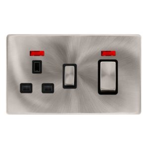 CLICK DEFINITY COMPLETE 50A INGOT DOUBLE POLE SWITCH WITH 13A DOUBLE POLE SWITCHED SOCKET & NEON -  BRUSHED STEEL COVER PLATE - BLACK INSERT