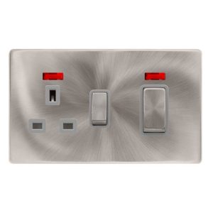 CLICK DEFINITY COMPLETE 50A INGOT DOUBLE POLE SWITCH WITH 13A DOUBLE POLE SWITCHED SOCKET & NEON -  BRUSHED STEEL COVER PLATE - GREY INSERT