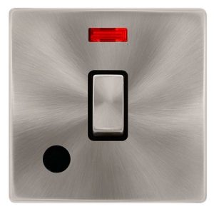 CLICK DEFINITY COMPLETE 20A INGOT DOUBLE POLE SWITCH WITH NEON & FLEX OUTLET - BRUSHED STEEL COVER PLATE - BLACK INSERT