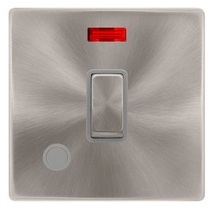 CLICK DEFINITY COMPLETE 20A INGOT DOUBLE POLE SWITCH WITH NEON & FLEX OUTLET - BRUSHED STEEL COVER PLATE - GREY INSERT