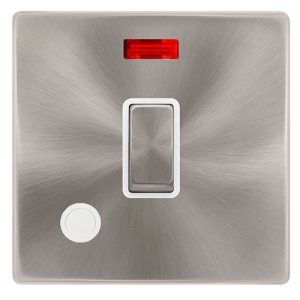 CLICK DEFINITY COMPLETE 20A INGOT DOUBLE POLE SWITCH WITH NEON & FLEX OUTLET - BRUSHED STEEL COVER PLATE - POLAR WHITE INSERT