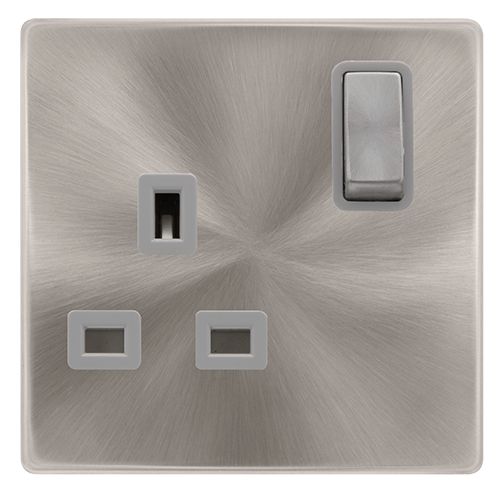 CLICK DEFINITY COMPLETE 13A INGOT 1 GANG DP SWITCHED SOCKET - BRUSHED STEEL COVER PLATE - GREY INSERT