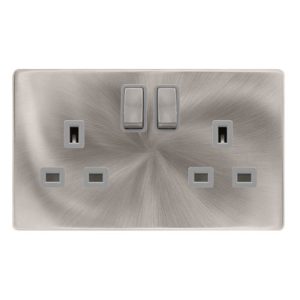 CLICK DEFINITY COMPLETE 13A INGOT 2 GANG DP SWITCHED SOCKET - BRUSHED STEEL COVER PLATE - GREY INSERT