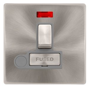 CLICK DEFINITY COMPLETE 13A INGOT SWITCHED FUSED CONNECTION UNIT WITH NEON & OPTIONAL FLEX OUTLET - BRUSHED STEEL COVER PLATE - GREY INSERT