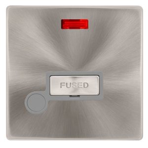 CLICK DEFINITY COMPLETE 13A INGOT FUSED CONNECTION UNIT WITH NEON & OPTIONAL FLEX OUTLET - BRUSHED STEEL COVER PLATE - GREY INSERT