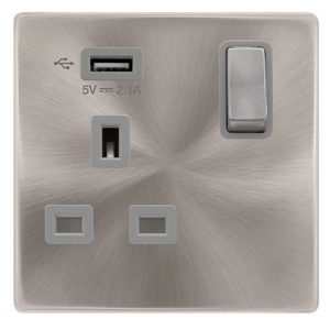 CLICK DEFINITY COMPLETE 13A INGOT 1 GANG SWITCHED SOCKET WITH 2.1A USB OUTLET - BRUSHED STEEL COVER PLATE - GREY INSERT