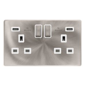 CLICK DEFINITY COMPLETE 13A INGOT 2 GANG SWITCHED SOCKET WITH 2.1A USB OUTLETS - BRUSHED STEEL COVER PLATE - POLAR WHITE INSERT