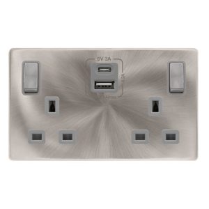 CLICK DEFINITY COMPLETE 13A INGOT 2 GANG SWITCHED SAFETY SHUTTER SOCKET WITH TYPE A & C USB - BRUSHED STEEL COVER PLATE - GREY INSERT