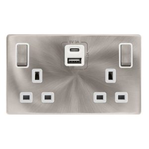 CLICK DEFINITY COMPLETE 13A INGOT 2 GANG SWITCHED SAFETY SHUTTER SOCKET WITH TYPE A & C USB - BRUSHED STEEL COVER PLATE - POLAR WHITE INSERT