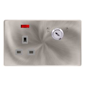 CLICK DEFINITY COMPLETE 13A 1 GANG DOUBLE POLE KEY LOCKABLE SOCKET WITH NEON - BRUSHED STEEL COVER PLATE - GREY INSERT