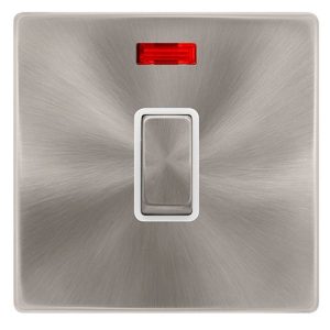 CLICK DEFINITY COMPLETE 20A INGOT DOUBLE POLE SWITCH WITH NEON - BRUSHED STEEL COVER PLATE - POLAR WHITE INSERT