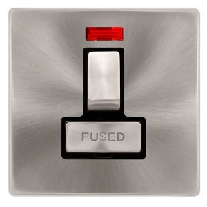 CLICK DEFINITY COMPLETE 13A INGOT SWITCHED FUSED CONNECTION UNIT WITH NEON - BRUSHED STEEL COVER PLATE - BLACK INSERT