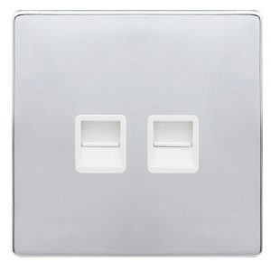 CLICK DEFINITY COMPLETE TWIN TELEPHONE MASTER OUTLET - POLISHED CHROME COVER PLATE - POLAR WHITE INSERT