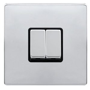 CLICK DEFINITY COMPLETE 10AX INGOT 2 GANG 2 WAY SWITCH - POLISHED CHROME COVER PLATE - BLACK INSERT