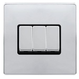 CLICK DEFINITY COMPLETE 10AX INGOT 3 GANG 2 WAY SWITCH - POLISHED CHROME COVER PLATE - BLACK INSERT