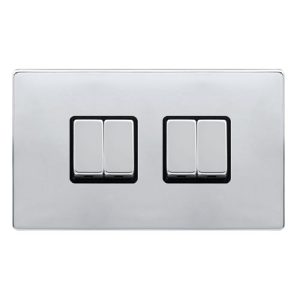 CLICK DEFINITY COMPLETE 10AX INGOT 4 GANG 2 WAY SWITCH - POLISHED CHROME COVER PLATE - BLACK INSERT