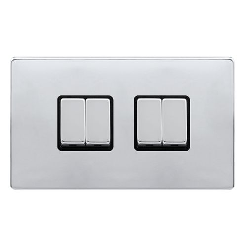 CLICK DEFINITY COMPLETE 10AX INGOT 4 GANG 2 WAY SWITCH - POLISHED CHROME COVER PLATE - BLACK INSERT
