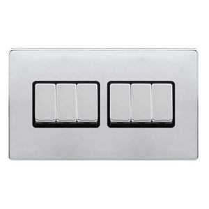 CLICK DEFINITY COMPLETE 10AX INGOT 6 GANG 2 WAY SWITCH - POLISHED CHROME COVER PLATE - BLACK INSERT