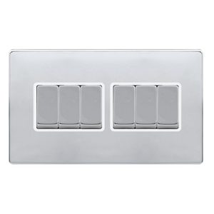 CLICK DEFINITY COMPLETE 10AX INGOT 6 GANG 2 WAY SWITCH - POLISHED CHROME COVER PLATE - POLAR WHITE INSERT