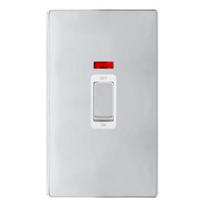 CLICK DEFINITY COMPLETE 50A INGOT 2 GANG DOUBLE POLE SWITCH WITH NEON -  POLISHED CHROME COVER PLATE - POLAR WHITE INSERT