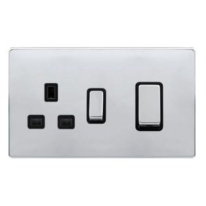 CLICK DEFINITY COMPLETE 50A INGOT DOUBLE POLE SWITCH WITH 13A DOUBLE POLE SWITCHED SOCKET -  POLISHED CHROME COVER PLATE - BLACK INSERT