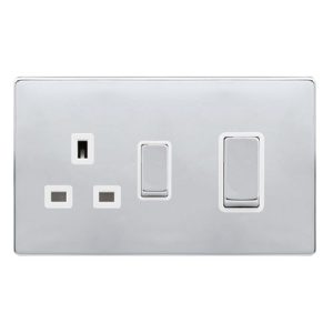 CLICK DEFINITY COMPLETE 50A INGOT DOUBLE POLE SWITCH WITH 13A DOUBLE POLE SWITCHED SOCKET -  POLISHED CHROME COVER PLATE - POLAR WHITE INSERT