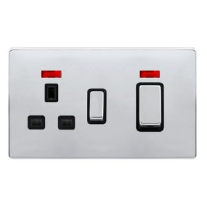 CLICK DEFINITY COMPLETE 50A INGOT DOUBLE POLE SWITCH WITH 13A DOUBLE POLE SWITCHED SOCKET & NEON -  POLISHED CHROME COVER PLATE - BLACK INSERT