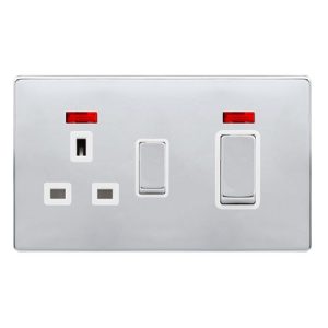 CLICK DEFINITY COMPLETE 50A INGOT DOUBLE POLE SWITCH WITH 13A DOUBLE POLE SWITCHED SOCKET & NEON -  POLISHED CHROME COVER PLATE - POLAR WHITE INSERT