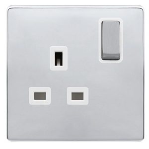 CLICK DEFINITY COMPLETE 13A INGOT 1 GANG DP SWITCHED SOCKET - POLISHED CHROME COVER PLATE - POLAR WHITE INSERT