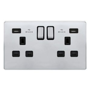 CLICK DEFINITY COMPLETE 13A INGOT 2 GANG SWITCHED SOCKET WITH 2.1A USB OUTLETS - POLISHED CHROME COVER PLATE - BLACK INSERT