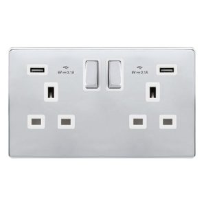 CLICK DEFINITY COMPLETE 13A INGOT 2 GANG SWITCHED SOCKET WITH 2.1A USB OUTLETS - POLISHED CHROME COVER PLATE - POLAR WHITE INSERT