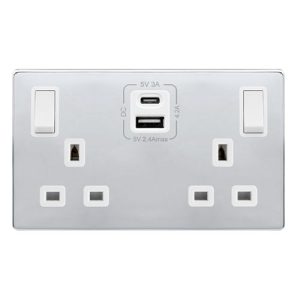 CLICK DEFINITY COMPLETE 13A INGOT 2 GANG SWITCHED SAFETY SHUTTER SOCKET WITH TYPE A & C USB - POLISHED CHROME COVER PLATE - POLAR WHITE  INSERT
