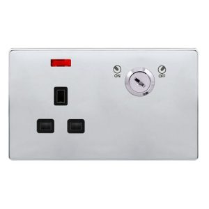 CLICK DEFINITY COMPLETE 13A 1 GANG DOUBLE POLE KEY LOCKABLE SOCKET WITH NEON - POLISHED CHROME COVER PLATE - BLACK INSERT