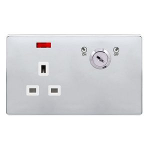 CLICK DEFINITY COMPLETE 13A 1 GANG DOUBLE POLE KEY LOCKABLE SOCKET WITH NEON - POLISHED CHROME COVER PLATE - POLAR WHITE INSERT