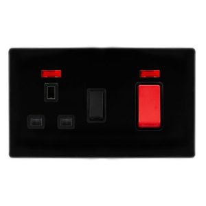 CLICK DEFINITY COMPLETE 50A DOUBLE POLE SWITCH WITH 13A DOUBLE POLE SWITCHED SOCKET & NEON -  METAL BLACK COVER PLATE - BLACK INSERT