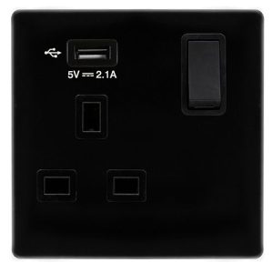 CLICK DEFINITY COMPLETE 13A INGOT 1 GANG SWITCHED SOCKET WITH 2.1A USB OUTLET - METAL BLACK COVER PLATE - BLACK INSERT