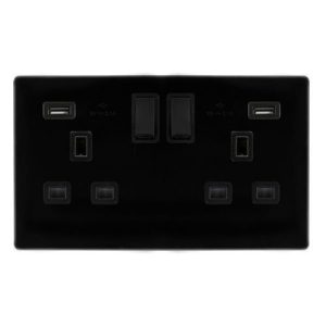 CLICK DEFINITY COMPLETE 13A INGOT 2 GANG SWITCHED SOCKET WITH 2.1A USB OUTLETS - METAL BLACK COVER PLATE - BLACK INSERT