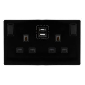 CLICK DEFINITY COMPLETE 13A INGOT 2 GANG SWITCHED SAFETY SHUTTER SOCKET WITH TYPE A & C USB - METAL BLACK COVER PLATE - BLACK INSERT