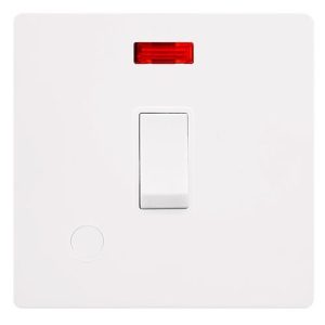 CLICK DEFINITY COMPLETE 20A DOUBLE POLE SWITCH WITH NEON & FLEX OUTLET - METAL WHITE COVER PLATE - POLAR WHITE INSERT