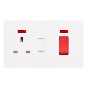CLICK DEFINITY COMPLETE 50A DOUBLE POLE SWITCH WITH 13A DOUBLE POLE SWITCHED SOCKET & NEON -   METAL WHITE COVER PLATE - POLAR WHITE INSERT