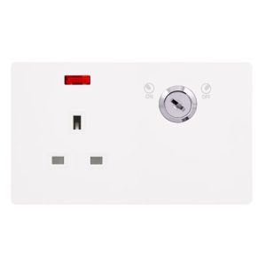 CLICK DEFINITY COMPLETE 13A 1 GANG DOUBLE POLE KEY LOCKABLE SOCKET WITH NEON - METAL WHITE COVER PLATE - POLAR WHITE INSERT