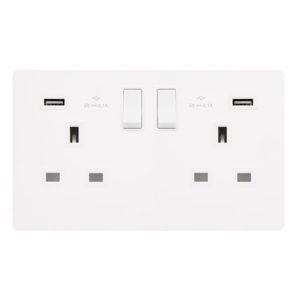 CLICK DEFINITY COMPLETE 13A INGOT 2 GANG SWITCHED SOCKET WITH 2.1A USB OUTLETS - METAL WHITE COVER PLATE - POLAR WHITE INSERT