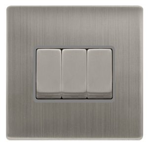CLICK DEFINITY COMPLETE 10AX INGOT 3 GANG 2 WAY SWITCH - STAINLESS STEEL COVER PLATE - GREY INSERT