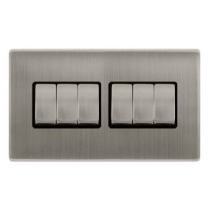 CLICK DEFINITY COMPLETE 10AX INGOT 6 GANG 2 WAY SWITCH - STAINLESS STEEL COVER PLATE - BLACK INSERT