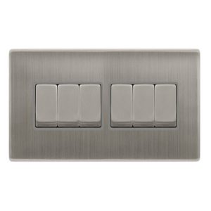 CLICK DEFINITY COMPLETE 10AX INGOT 6 GANG 2 WAY SWITCH - STAINLESS STEEL COVER PLATE - GREY INSERT