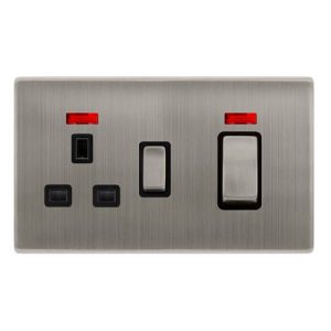CLICK DEFINITY COMPLETE 50A INGOT DOUBLE POLE SWITCH WITH 13A DOUBLE POLE SWITCHED SOCKET & NEON -  STAINLESS STEEL COVER PLATE - BLACK INSERT